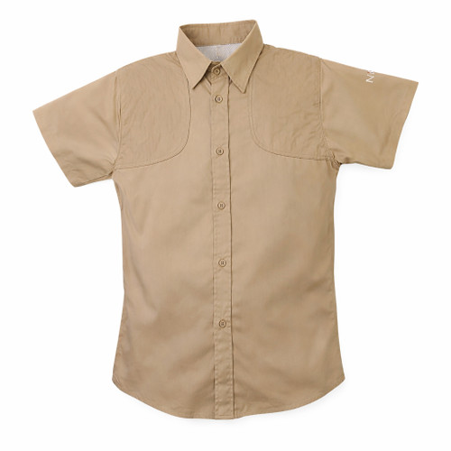 Khaki short-sleeve shooting shirt; cotton fabric; quilted shoulder pads; mesh back panel; button-down front; Nica brand.