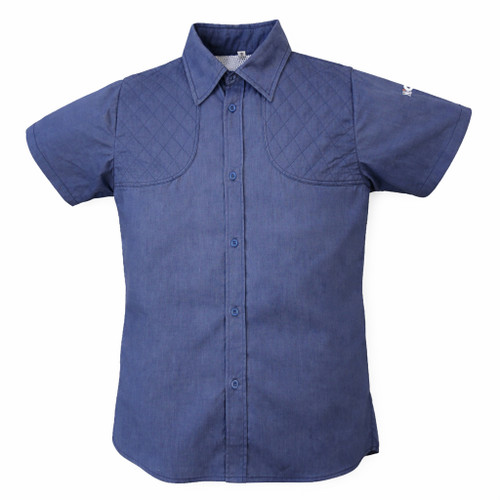 Front view of NICA short sleeve shooting shirt in blue with ambidextrous shooting pads and tailored fit