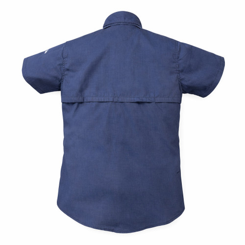 Blue short-sleeve shooting shirt, back view, cotton, vented mesh back panel, collar, curved hem.