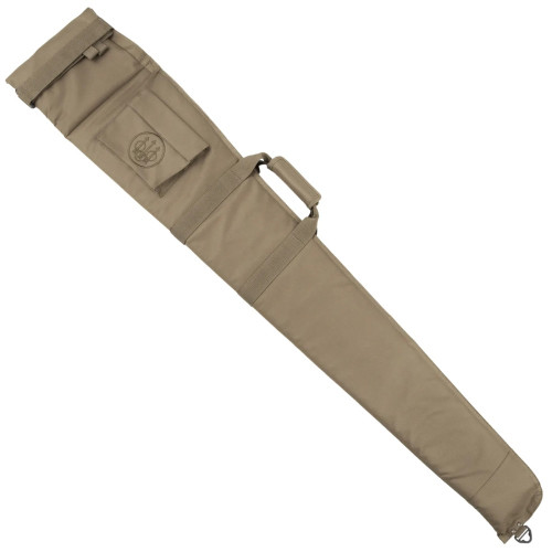 Hazelnut-colored Beretta gun case, made of synthetic fiber, with a handle and pocket.