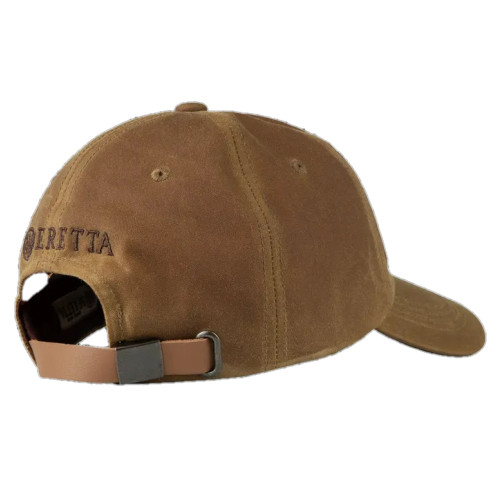 Brown Beretta waxed cotton cap, sandstone color, adjustable leather strap, Beretta logo on back.