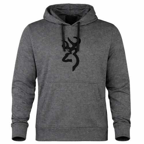 Heather gray Browning hoodie with black Buckmark logo, polyester fleece, kangaroo pocket.