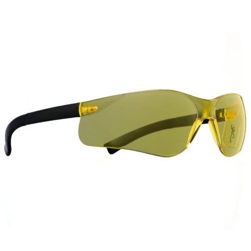 Yellow-tinted Browning shooting glasses with black arms, angled view, yellow lenses.