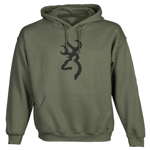 Green Browning hoodie with black Buckmark logo and kangaroo pocket.