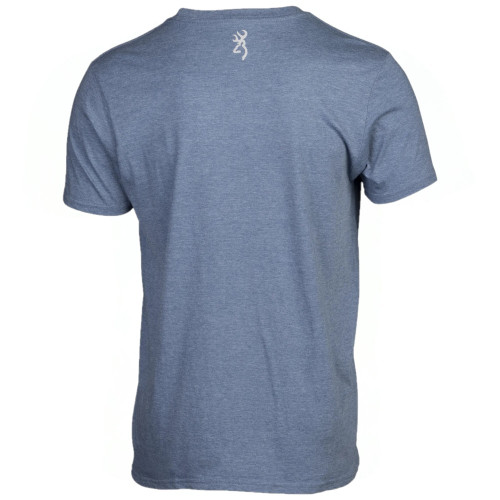 Back view of a blue heathered t-shirt with a small white Browning Buckmark logo on the upper back.