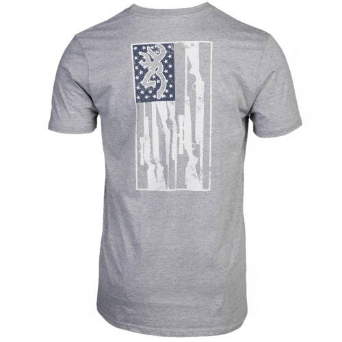 Gray short-sleeve t-shirt with distressed American flag graphic featuring guns and Browning logo.