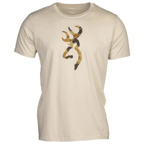 Tan short-sleeve t-shirt with a camouflage buckmark logo on the chest.
