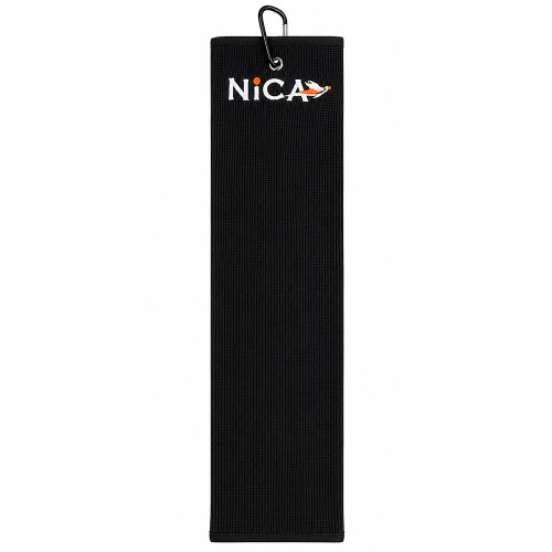 Black Nica shooting towel with carabiner clip and orange logo