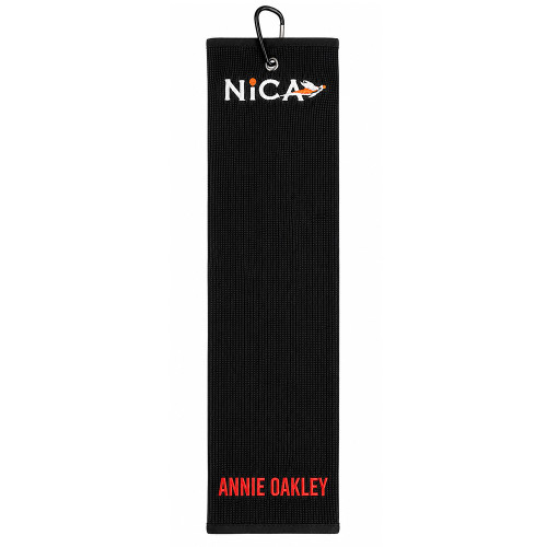 Personalized black microfiber shooting towel with custom embroidered name and carabiner clip for trap, skeet, and sporting clays shooters.