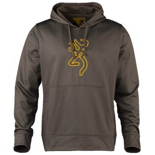 Brown Browning hoodie with yellow Buckmark logo and front pocket.