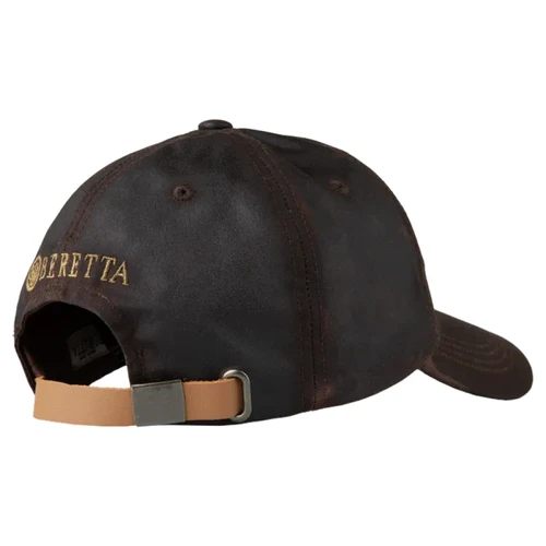 Dark Brown Beretta waxed cotton cap, sandstone color, adjustable leather strap, Beretta logo on back.