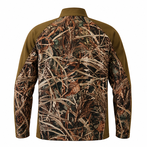 Back view of a camouflage soft shell jacket with brown accents.