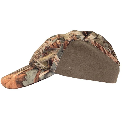 Camouflage cap with ear and neck flaps; brown fleece lining; angled view.