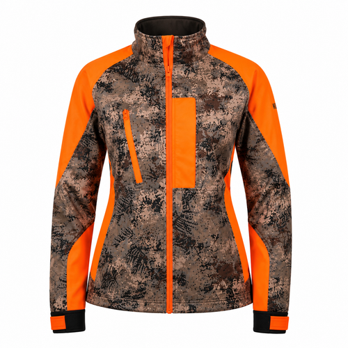 Women's orange and digital upland camouflage soft shell jacket