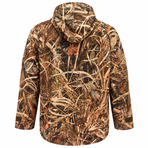Back view of a Wildfowler waterproof hunting parka in Wildgrass camo with an attached hood.