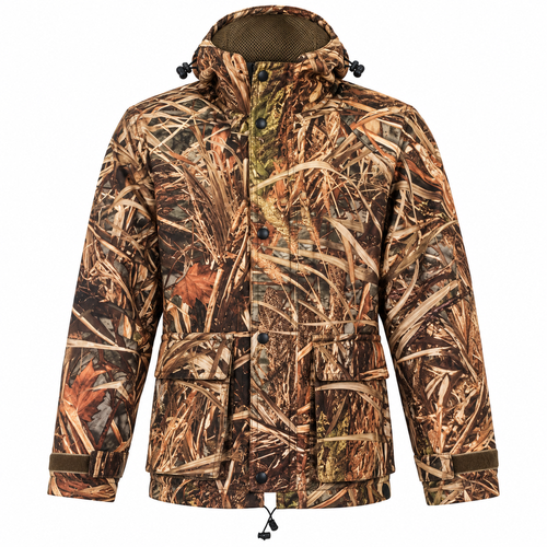 Wildfowler Waterproof Parka in Wildgrass camo, featuring a hood, front pockets, and button storm flap.