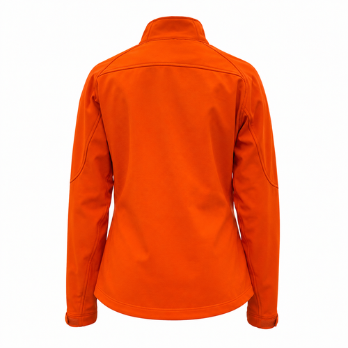 Back view of a women's blaze orange soft shell jacket with a stand-up collar.