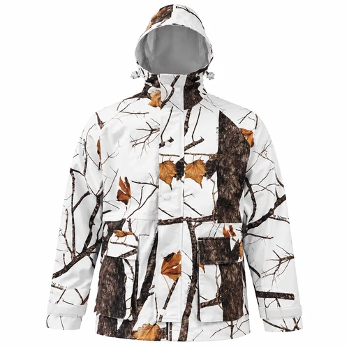 Wildfowler waterproof parka in Wildtree snow camo pattern with a mesh-lined hood and front pockets.
