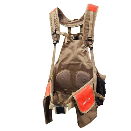 Tan and blaze orange Nica upland strap vest featuring padded mesh back support, adjustable straps, and shell pockets.