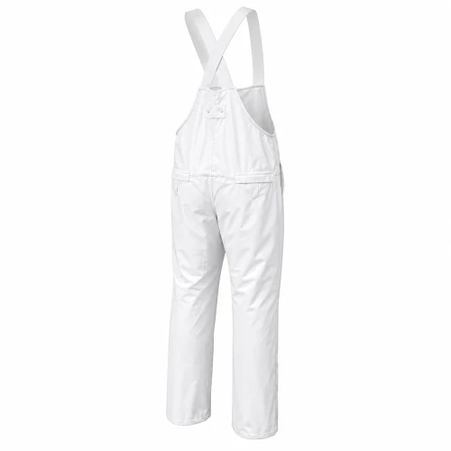 Rear view of Wildfowler waterproof snow white bibs with adjustable crisscross shoulder straps and two back pockets.