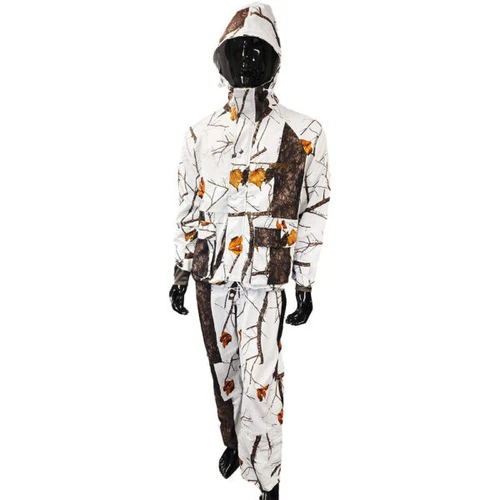 Mannequin wearing a waterproof camouflage hunting jacket and pants in Wildtree Snow pattern.