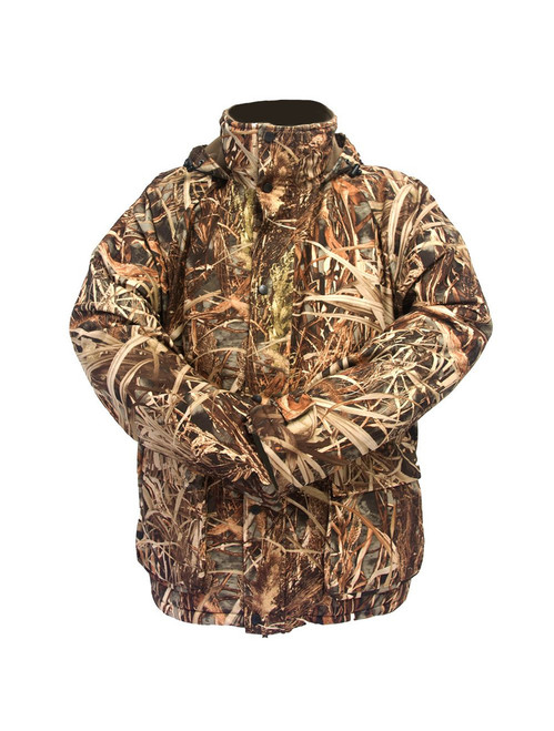 Wildfowler waterproof insulated parka in Wildgrass camo, featuring a high collar, zipper, and pockets, shown on a white
