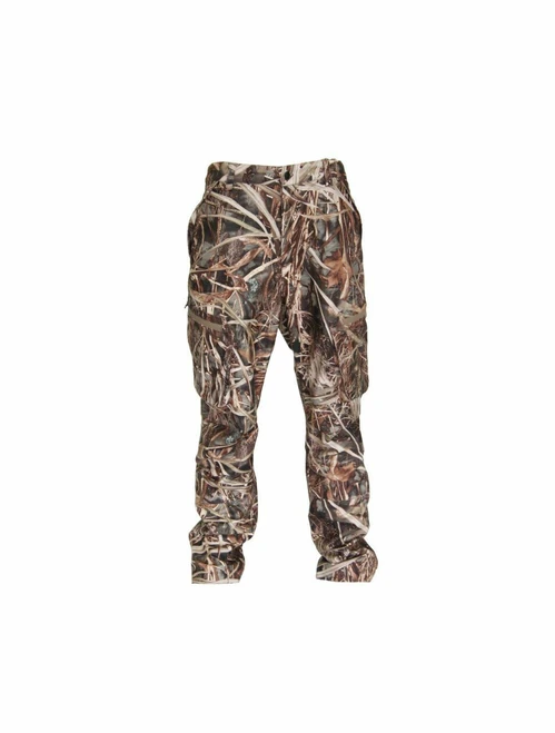Wildfowler youth waterproof hunting pants in Wildgrass camo pattern with cargo pockets.