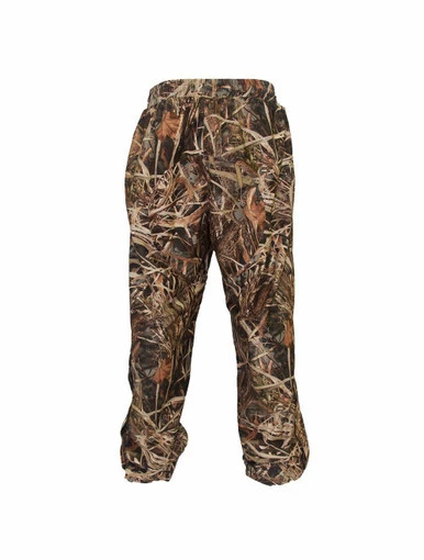 Wildfowler Wildgrass camo waterproof pants with elastic waistband, shown straight-on against a white background.