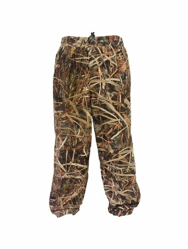 Wildfowler waterproof hunting pants in brown Wildgrass camo, featuring an elastic drawstring waist and relaxed fit, shown