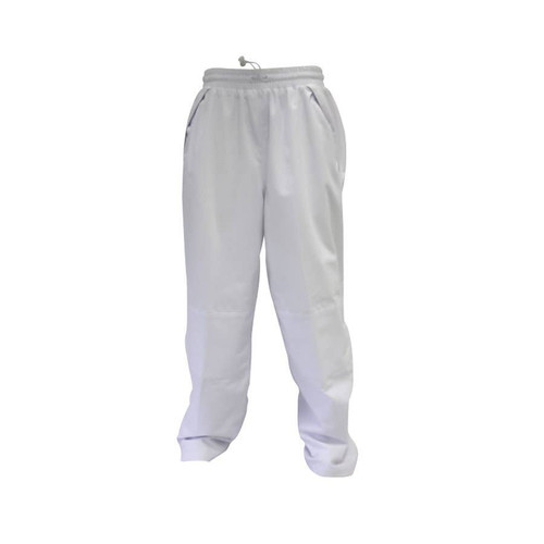 White waterproof hunting pants with elastic waistband and drawcord, shown flat against a solid background.