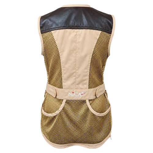 Khaki shooting vest, brown leather shoulder, mesh back, Nica brand, adjustable waist.
