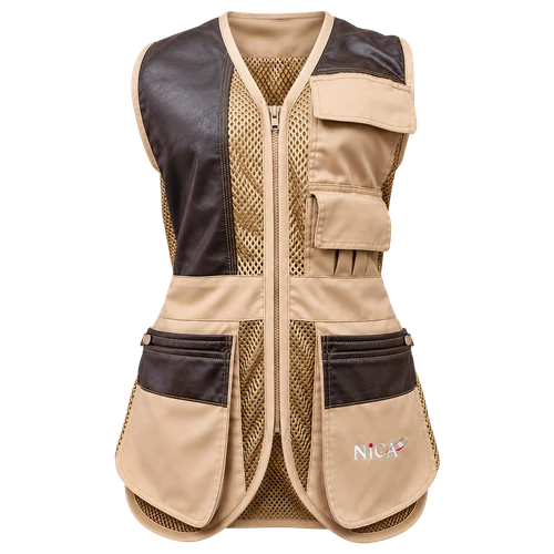 Khaki shooting vest with brown leather accents, mesh lining, and multiple pockets. "Nica" logo visible.