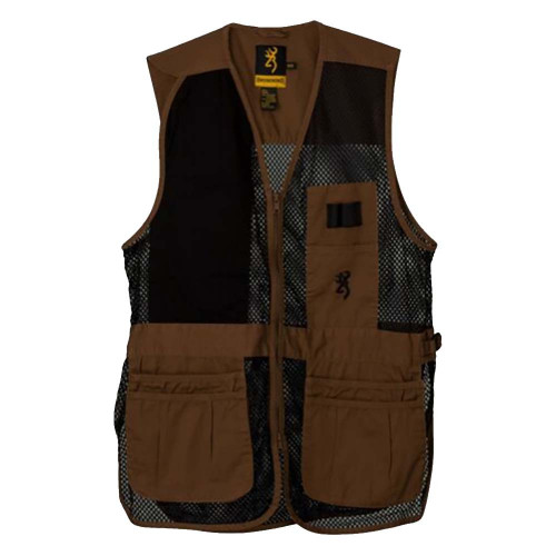Browning Trapper Creek clay brown mesh shooting vest, front view, featuring four shell pockets and black mesh panels.