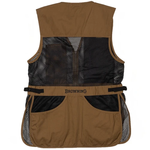 Browning Trapper Creek clay brown mesh shooting vest, back view, featuring hull pouch and black mesh panels.