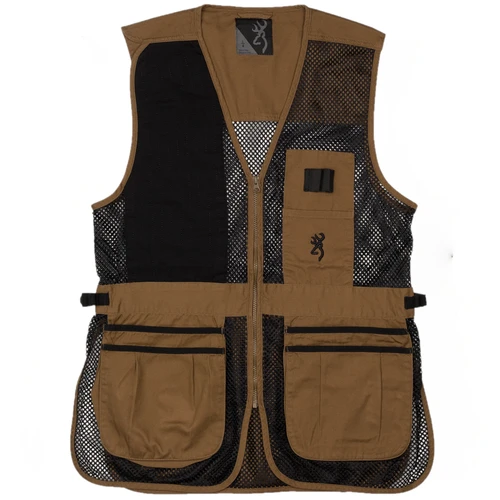 Browning Trapper Creek clay brown mesh shooting vest, front view, featuring four shell pockets and black mesh panels.