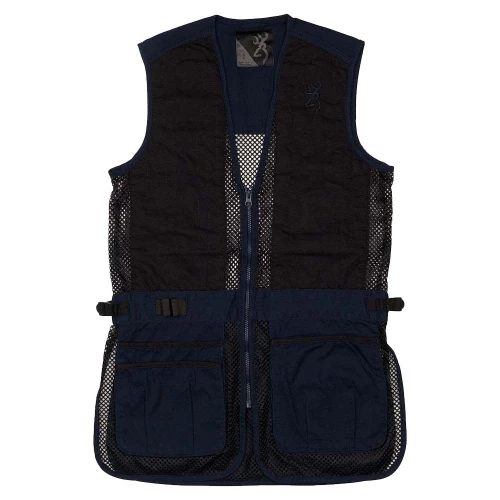 Navy blue Browning shooting vest with black mesh panels and front pockets, shown flat.