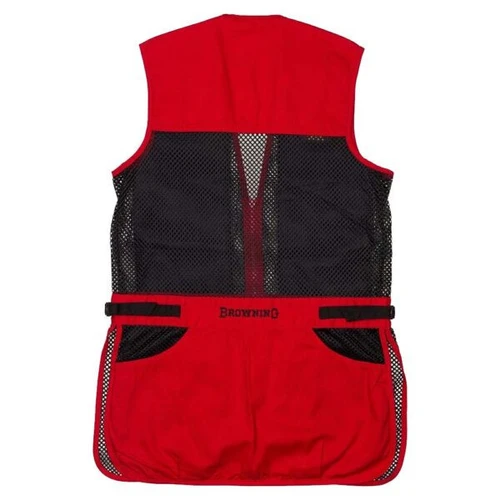 Back view of a red and black Browning junior mesh shooting vest with side tabs.