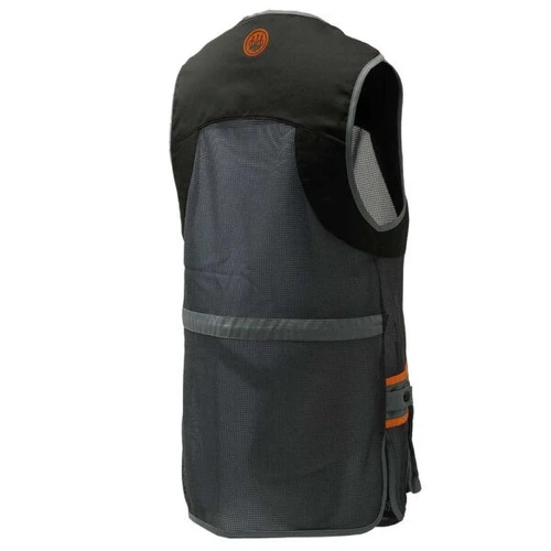 Back view of a black and gray Beretta mesh shooting vest with orange logo and trim.