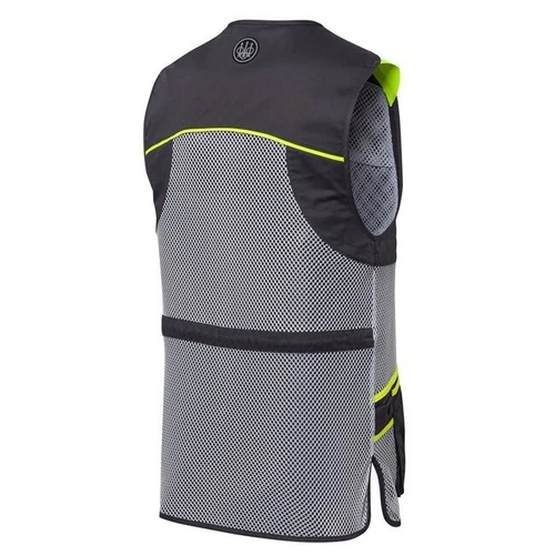Back view of a black and grey mesh Beretta shooting vest with yellow trim and logo.