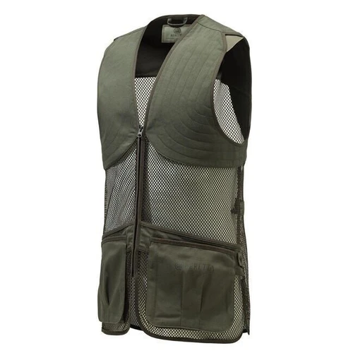 Green moss mesh shooting vest with padded shoulders and large front pockets.
