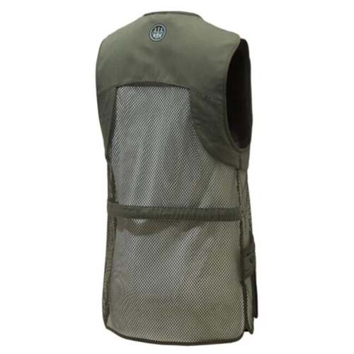 Back view of a green moss Beretta shooting vest featuring a breathable mesh back and a logo on the upper yoke.
