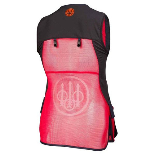 Back view of Beretta women's navy and red shooting vest with mesh back and logo.