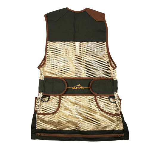 Back view of the Wild Hare Heatwave Mesh Vest in forest green and brown, featuring mesh panels, storage pockets, and a rear