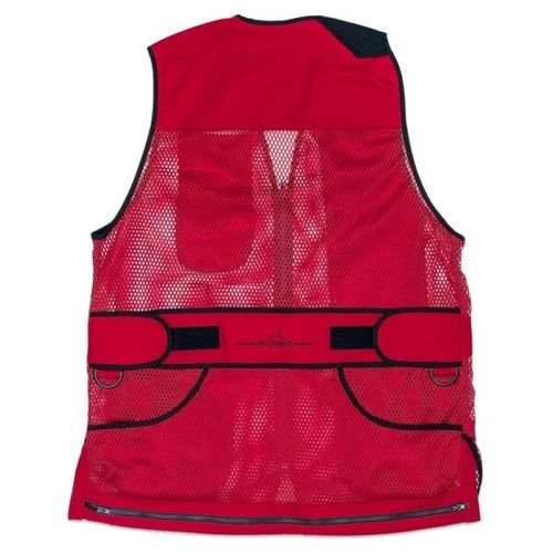Back view of the red Wild Hare Heatwave Mesh Vest, featuring breathable mesh, adjustable waist straps, and a rear zipper.