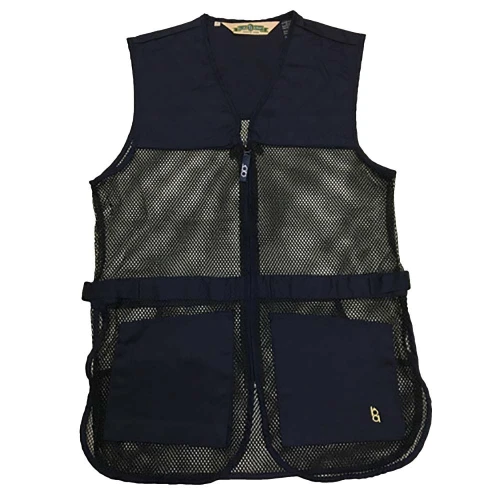 Navy Bob Allen shooting vest featuring breathable mesh panels, front zipper, and two large pockets.