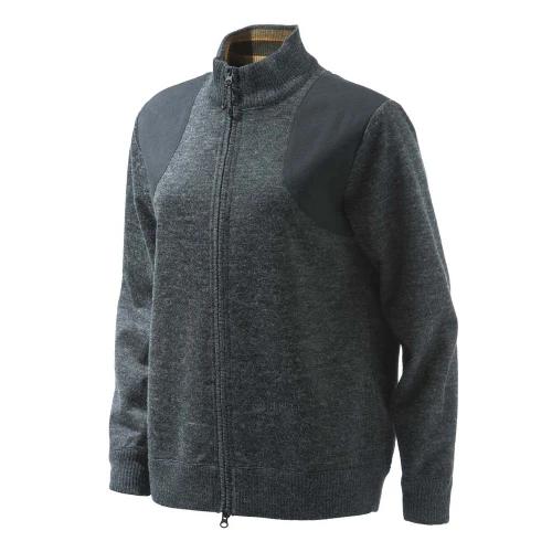 Dark grey women’s full-zip wool-blend sweater with black shoulder patches and ribbed collar and cuffs, shown from the front.