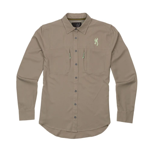 Browning women's khaki long-sleeve shooting shirt with lime green accents and chest pockets.