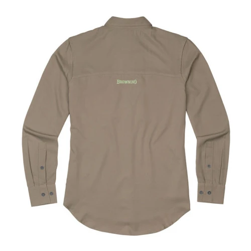 Back view of a khaki long-sleeve women's shooting shirt with a lime green Browning logo.
