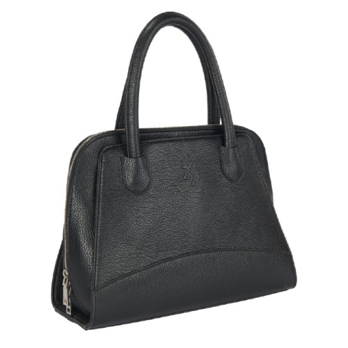 Browning Hazel black pebbled leather handbag with structured sides and rounded top handles, angled view.