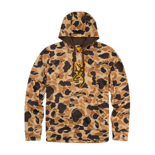 Browning vintage tan camo hoodie with yellow buckmark logo and kangaroo pocket.